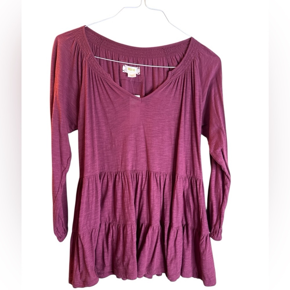 Anthropologie Maeve Fuchsia Ruffled Tiered Babydoll Top Small Puff Sleeve